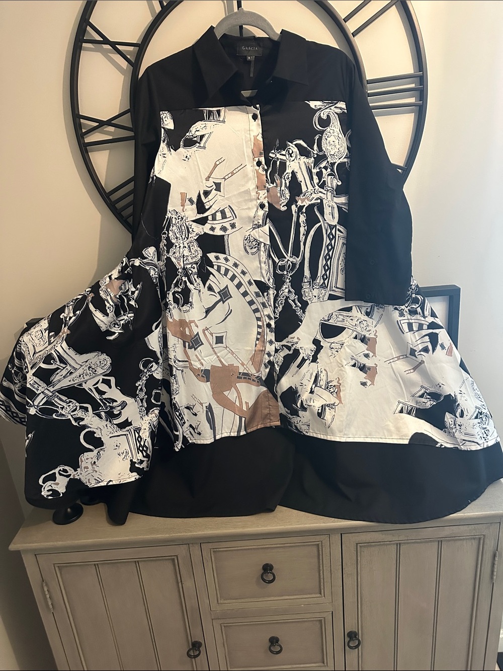 Gracia Black, White & Tan Graphic A-Line Hi-Lo Tunic